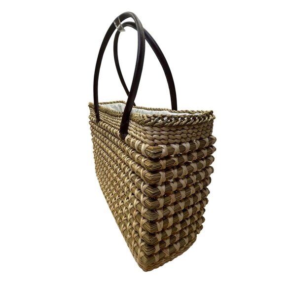 Braided Straw Women’s Beige Tote Bag With Dark Brown Handles Open Weave Style - Picture 2 of 11